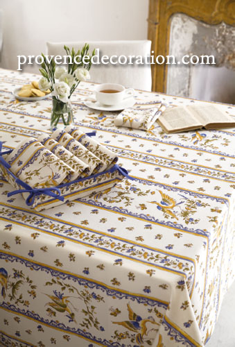 French coated or cotton tablecloth linear Moustiers white x blue